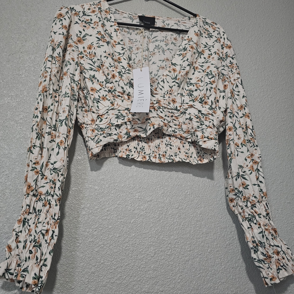 Lumiere Cream Floral Smocked Long-Sleeve Crop Top